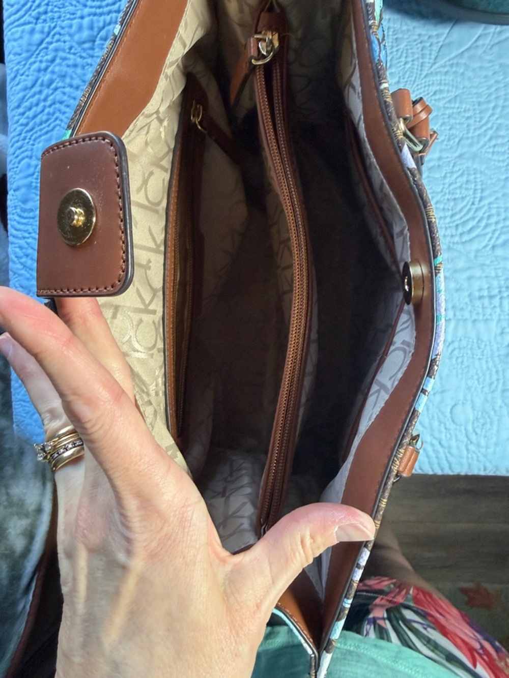 Calvin Klein Brown Floral Canvas Tote with Aqua and Light Blue Accents 13x9 - Picture 10 of 12